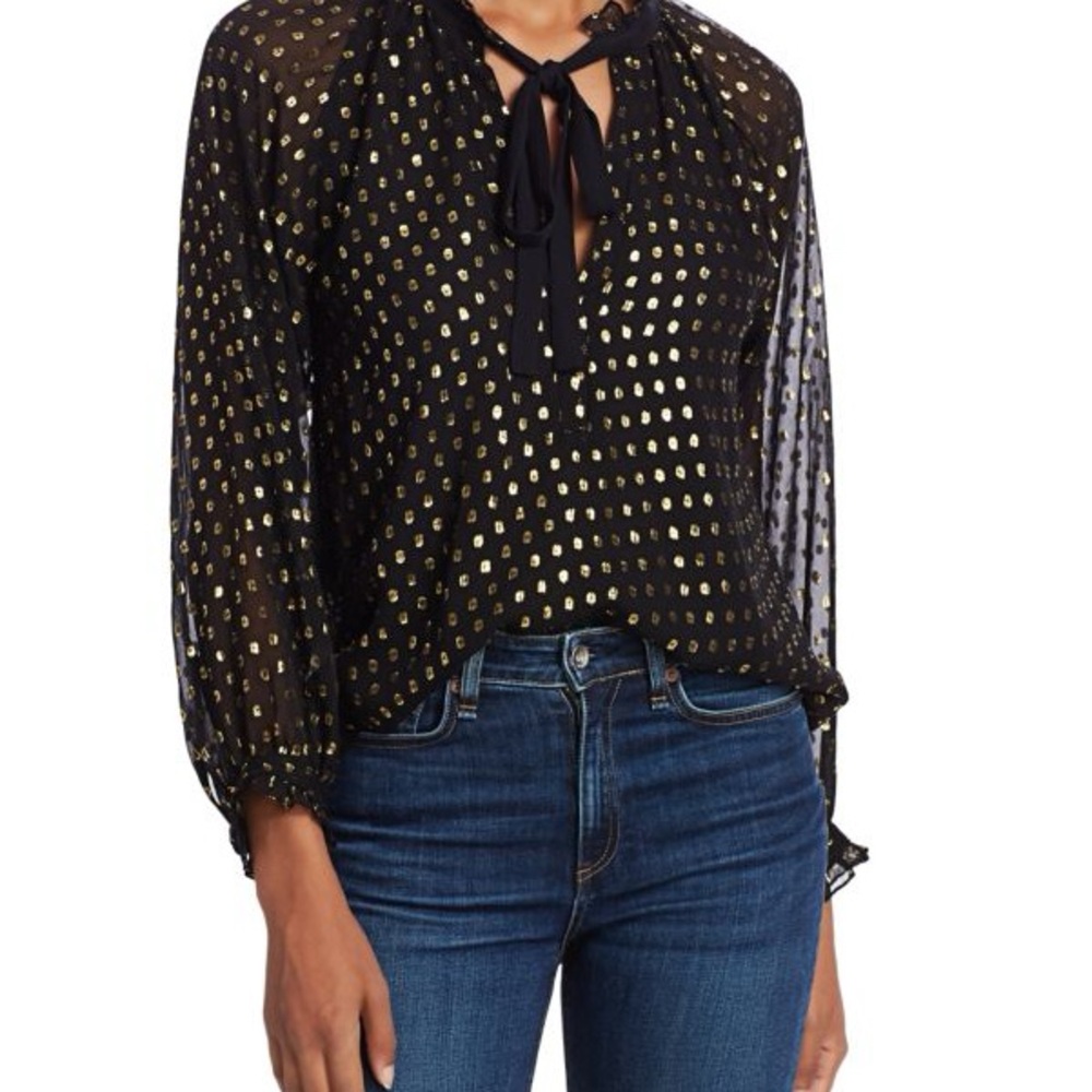 A.L.C, Winona Metallic Polka Dot Tie-Neck Silk Blouse retail $395.00 Size 2